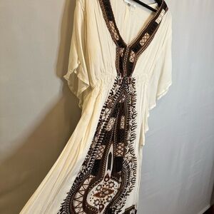 Sopogee Womens Dress Tribal Festival Boho V-Neck Elastic Waist Lined Gauzy Sz M